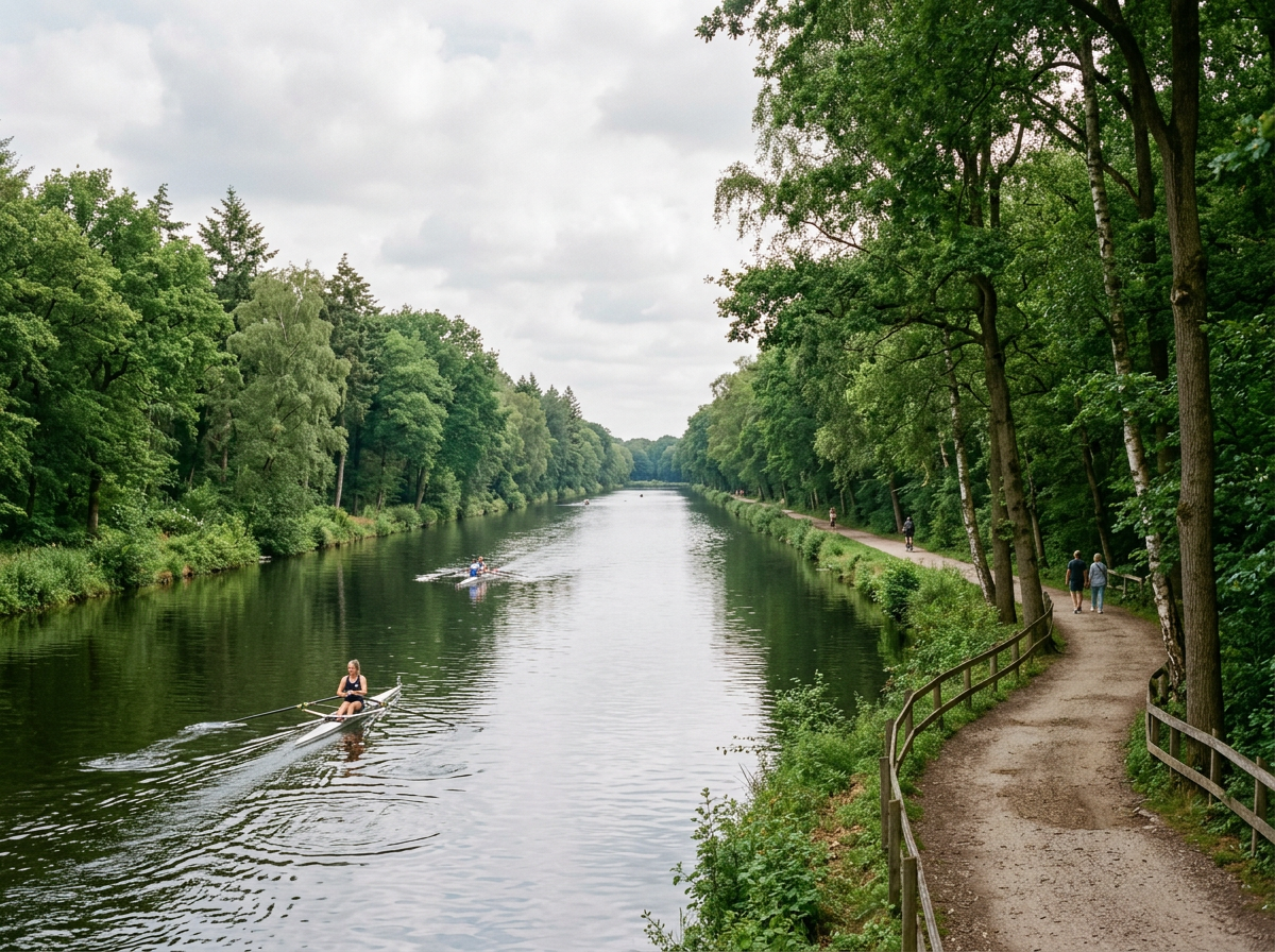 A long rowing lake lined with tall trees in the Amsterdamse Bos